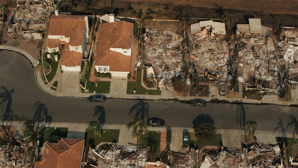 San Diego 2007 Fire neighborhood showing a cul de sac of homes that have burned except for 3 homes that were built using ICFs and other fire-resistant materials.